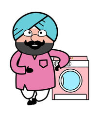Sticker - Cartoon Cute Sardar standing with washing machine