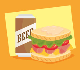 Sticker - fast food, delicious sandwich with can of beer