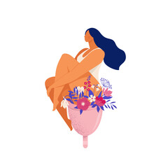 Woman sitting on a huge menstrual cup with flowers and leaves. Eco protection for woman in critical days. Vector illustration on white background.