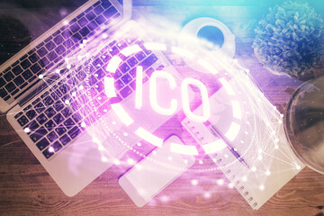 Fototapete - Blockchain theme hologram drawings over computer on the desktop background. Top view. Double exposure.