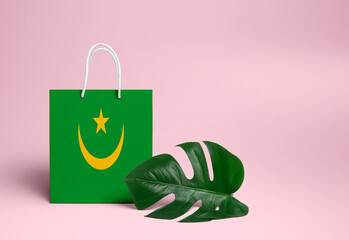 Mauritania shopping concept. National cardboard shopping bag with monstera leaf and pink background. Online shopping theme.