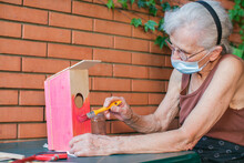 Old Woman With Face Mask Painting A Birdhouse
