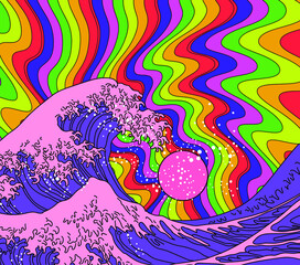 Wall Mural - Great Wave in Psychedelic Hippie style. View on the ocean's crest leap stylized like the Pop art of the Sixties.