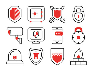 Sticker - strongbox and shield icon set, half line half color style