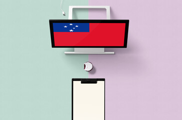 Wall Mural - Samoa national flag on computer screen top view, cupcake and empty note paper for planning. Minimal concept with turquoise and purple background.