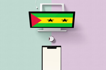 Wall Mural - Sao Tome And Principe national flag on computer screen top view, cupcake and empty note paper for planning. Minimal concept with turquoise and purple background.