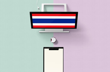 Wall Mural - Thailand national flag on computer screen top view, cupcake and empty note paper for planning. Minimal concept with turquoise and purple background.