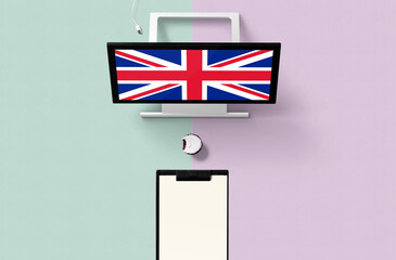Wall Mural - United Kingdom national flag on computer screen top view, cupcake and empty note paper for planning. Minimal concept with turquoise and purple background.