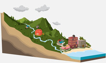 Landscape Of Mountain To The Sea Flat Vector Illustration