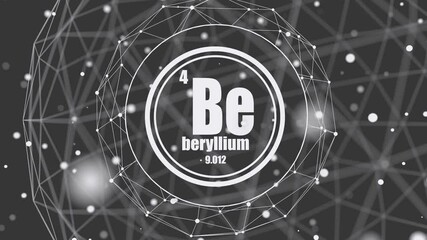 Poster - Beryllium chemical element of periodic table. Sign with atomic number and atomic weight.  Molecule and communication background. Connected lines with dots.