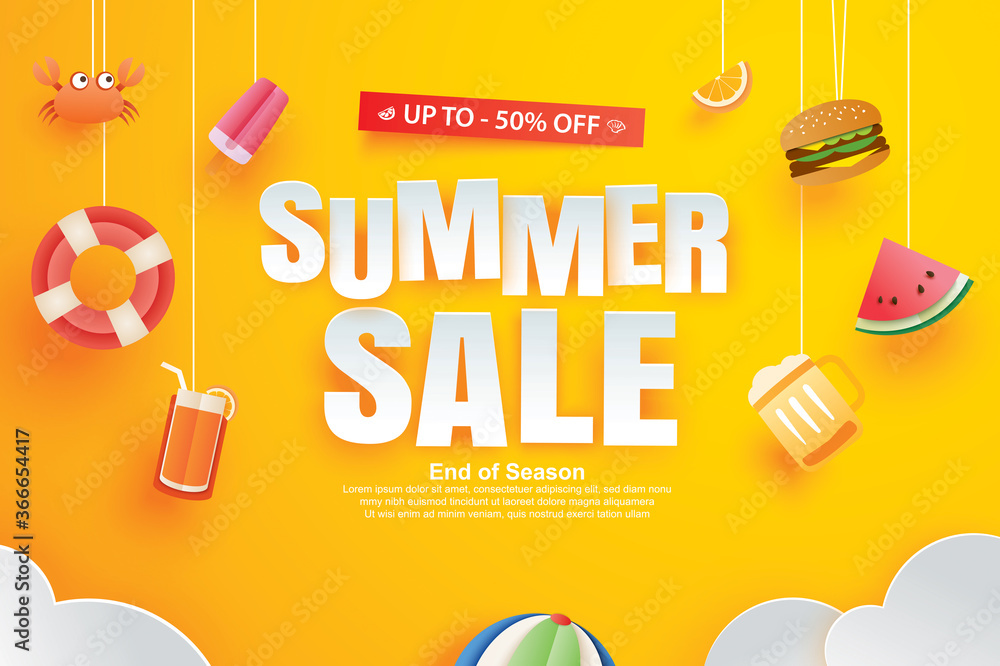 Summer sale with decoration origami on yellow background. Paper art and craft style. - obrazy, fototapety, plakaty 
