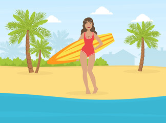 Poster - Beautiful Girl in Swimsuit Standing with Surfboard on Tropical Beach Vector Illustration