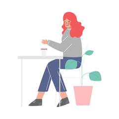 Wall Mural - Girl Sitting at the Table, Drinking Coffee and Talking, Young Woman at Working Process or Meeting Vector Illustration on White Background