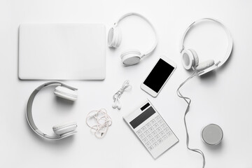 Different modern devices on white background