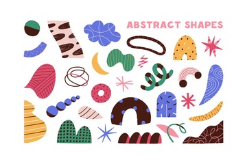 Leinwandbilder - Collection of colorful doodle objects vector flat illustration. Set of different abstract shapes - circle and curved line, spots, stars isolated on white. Trendy decorative elements