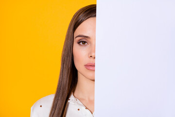 Wall Mural - Close-up half-faced portrait of her she nice attractive lovely pretty gorgeous brown-haired girl copy empty blank place space board isolated bright vivid shine vibrant yellow color background