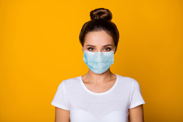 Sticker - Close-up portrait of her she nice attractive charming pretty girl wearing safety gauze mask stop viral pneumonia syndrome flue contamination prevention isolated vibrant yellow color background