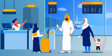 muslim family standing at check in desk in airport. couple with children waiting boarding flat vecto
