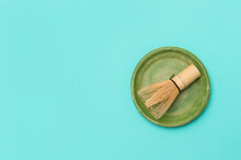 Bamboo Chesen On Mint Color Marble Background. Japanese Tea Ceremony Concept