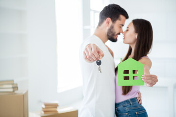 Poster - Profile side view portrait of his he her she nice attractive lovable dreamy gentle wife husband family hugging holding in hands key house rent insurance bank purchase space flat light white interior