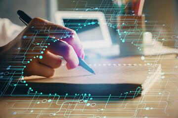 multi exposure of woman's hands on background with technology and digital coding icons. data develop