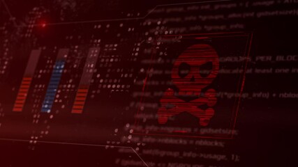 Wall Mural - computer screen with programming code and a skull, concept of computer security, malware or hacker a