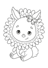 Wall Mural - Cute Easter Bunny in flower coloring page. Black and white cartoon illustration