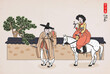 Young woman riding a horse and a man standing beside a stone wall. Couple wearing Korean traditional clothes(Hanbok). Hand drawn / Vector illustration.