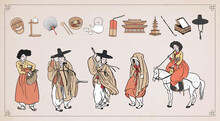 Set Of Korean Traditional Objects. People Wearing Korean Traditional Clothes(Hanbok). Vector Illustration. 