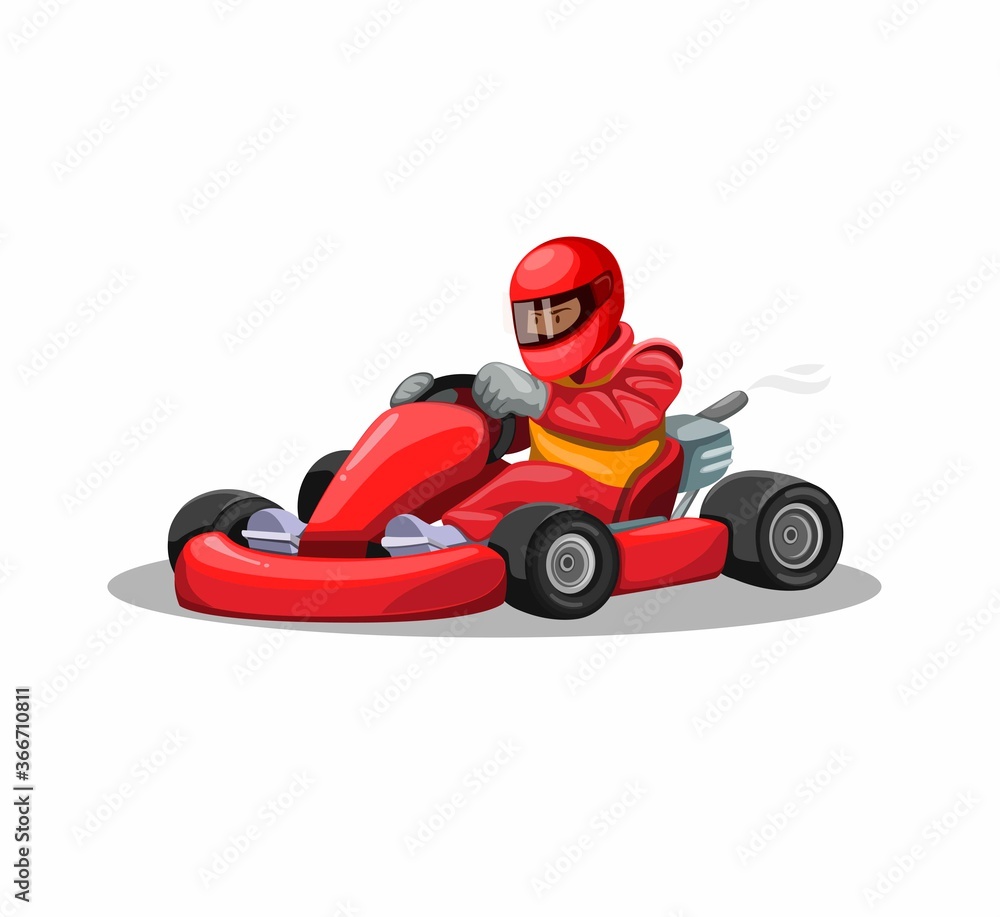 Go kart racer character in red uniform. professional driving race sport competition in cartoon illustration vector on white background - obrazy, fototapety, plakaty 