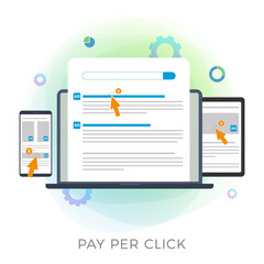 Wall Mural - Pay Per Click (PPC) flat vector icon. Advertising Marketing Business Campaign illustration. Paid Media Concept with browser window, search results and contextual advertisements