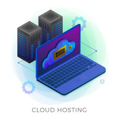Wall Mural - Cloud hosting - private and security web storage data center icon. Online cloud computing technology with upload and download files, management and synchronization. Isometric vector illustration