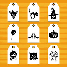 Set Of Tags With Halloween Symbols. Hand Drawn Design Elements On White Tags.
