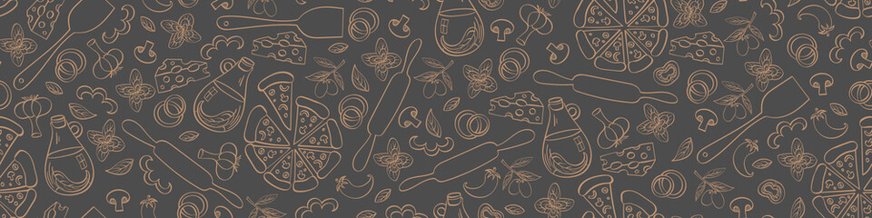 Pizza seamless web banner. Doodle food objects isolated on grey background. Vector illustration.