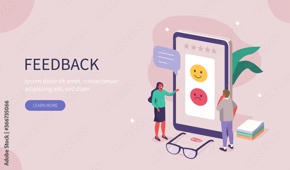 People Characters Giving Feedback. Clients Choosing Satisfaction Rating and Leaving Positive or Negative Review. Customer Service and User Experience Concept. Flat Isometric Vector Illustration. - obrazy, fototapety, plakaty 