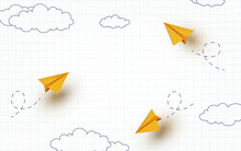 School Notebook Background. 3d Flying Yellow Paper Airplanes. Vector Cartoon Children Planes In Air