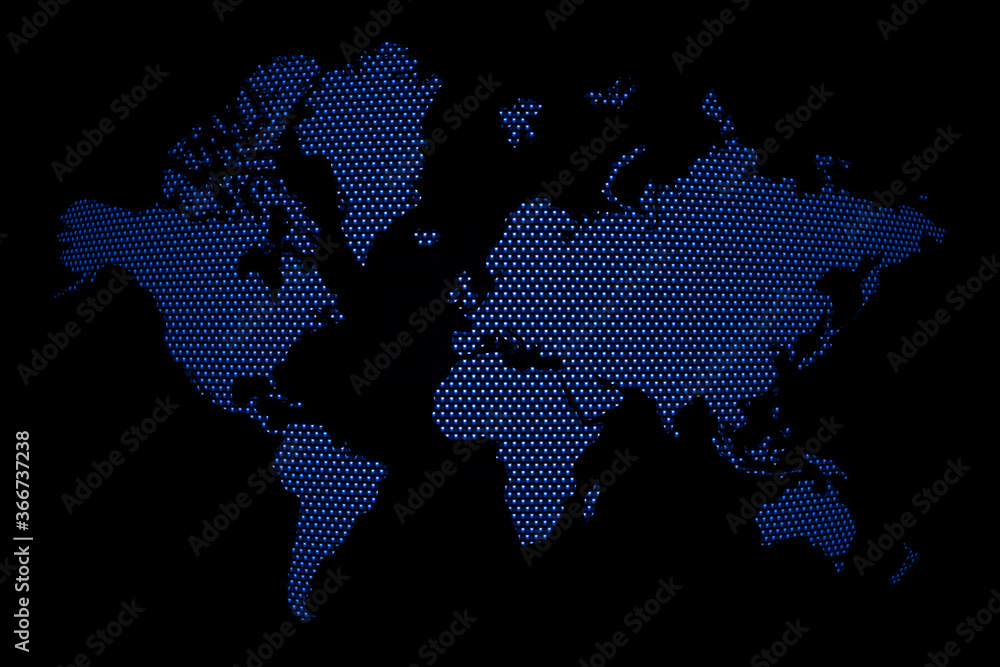 Blue world map on black background