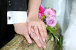 Hochzeitspärchen mit goldenen Eheringen, Hand in Hand auf einem Baumstamm mit Hochzeitsstrauß posieren
