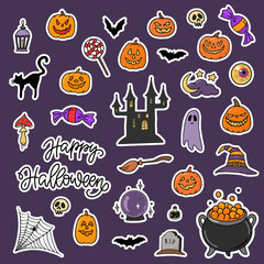 Wall Mural - set of Halloween stickers created from hand drawn doodles on dark purple background. 