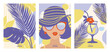 Set of Summer illustraitions. Tropical leaves / Cocktail / young woman in sunglasses. Vector illustrations.