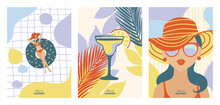 Set Of Summer Illustraitions. Woman With Inflatable Donut In Swimming Pool / Cocktail / Woman In A Hat And Sunglasses. Vector Illustrations.