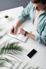 Wall Mural - Selective focus of freelancer checking time while writing on notebook near smartphone and coffee on table, concept of time management