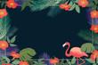 Summer tropical background with flamingo and exotic leaves. Vecter Illustration.