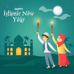 Wall Mural - Happy islamic new year  design background. Cute cartoon muslim kids holding torch celebrating islamic new year with stars and mosque as background.