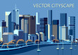 Vector cityscape with modern buildings, trees, embankment and yachts.