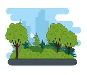 Sticker - nature landscape, tree plants and bushes, with road street