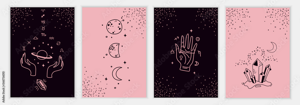 Set of mystical templates for tarot cards, banners, flyers, posters, brochures, skins. Hand-drawn. Cards with esoteric symbols. Silhouette of hands, planets, stars, moon phases and crystals. vector - obrazy, fototapety, plakaty 