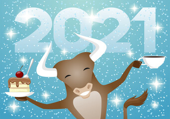 Poster - Cheerful bull with cake and coffee symbol of new year 2021.