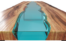 Live Edge Wooden Table With Epoxy Resin On A White Background. 3D Rendering