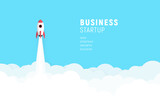 Fototapeta Zachód słońca - Business startup launch concept, flat design, rocket icon. Vector illustration.